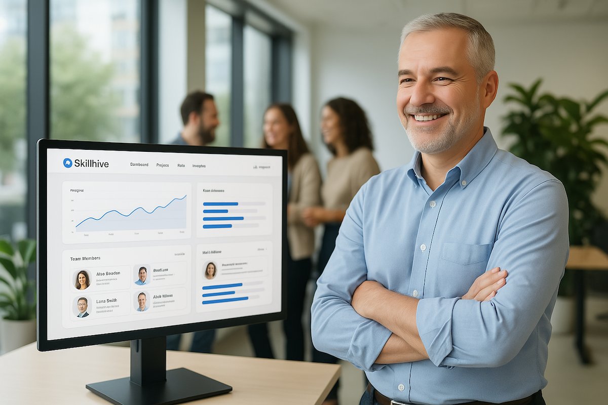 Pertti smiling contentedly next to a Skillhive view