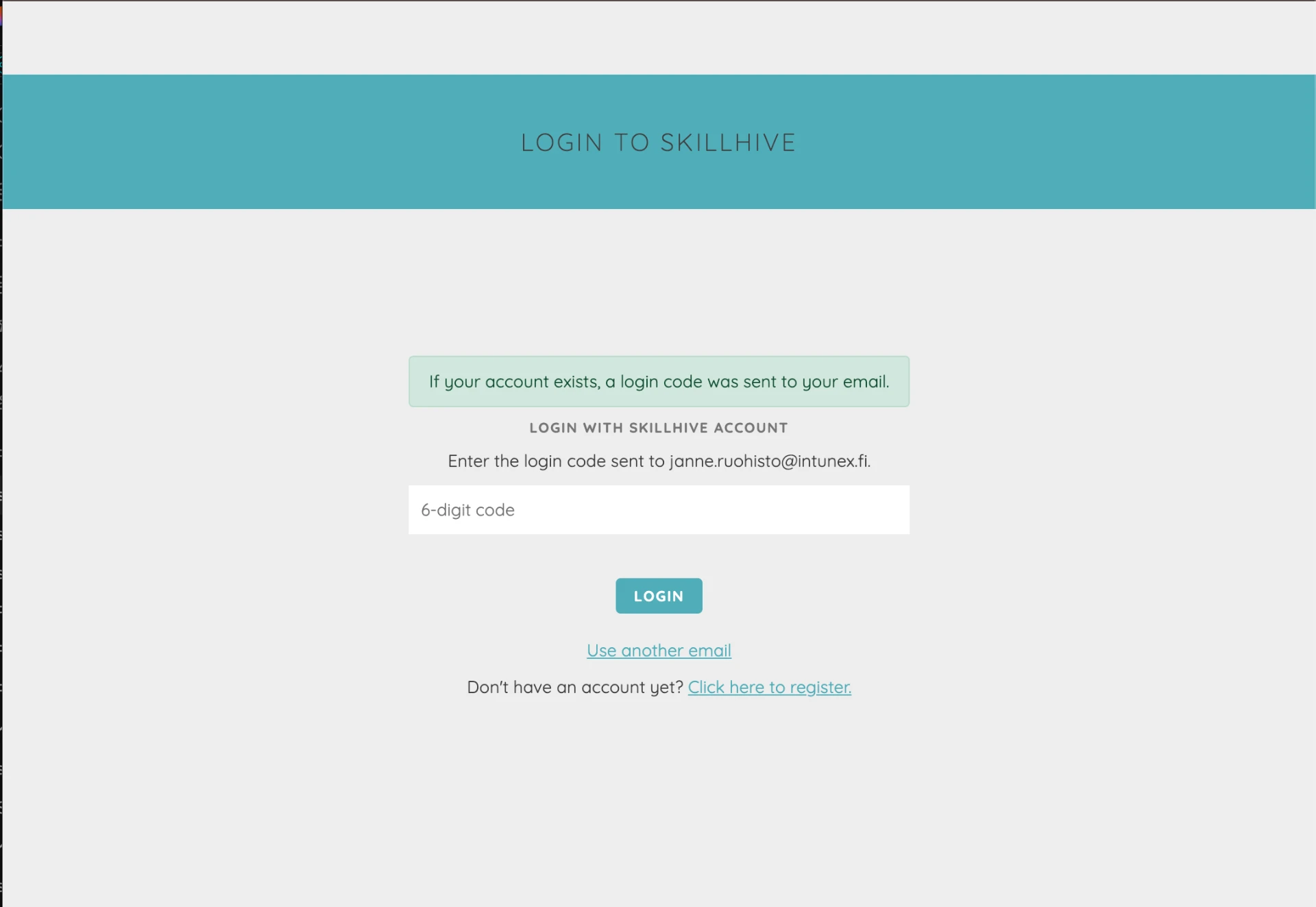 Skillhive login page with the 6-digit code field and the Login button
