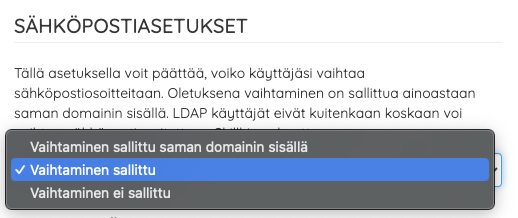 sähköpostiosoite asetukset